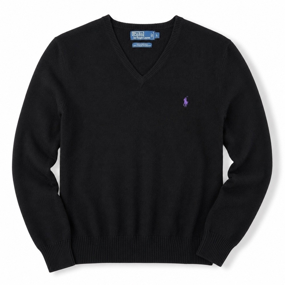 Polo Ralph Lauren Mens L Black Lambswool V Neck Sweater Purple Pony
